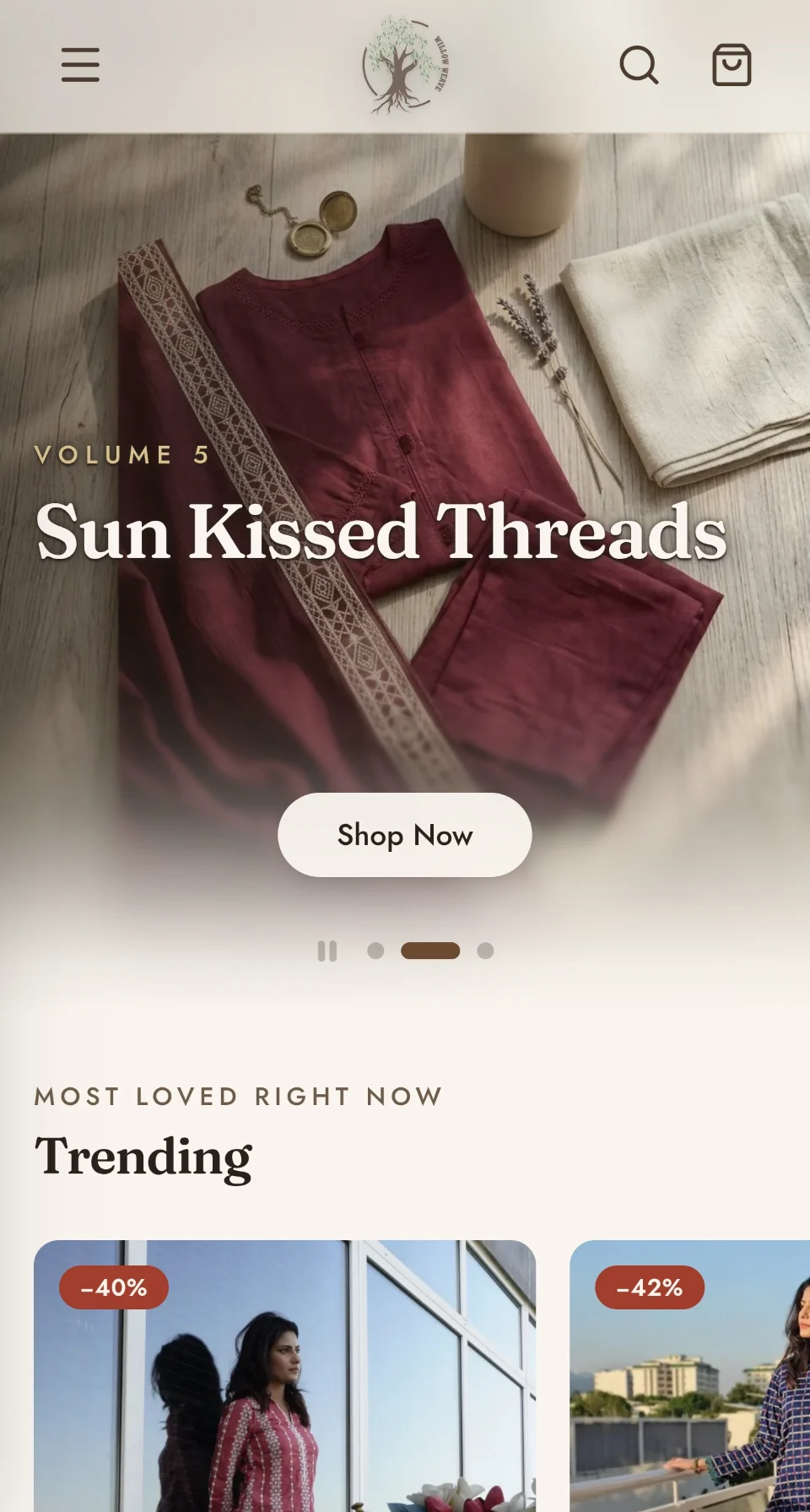 The Willow Weave storefront on a phone, showing the Volume 5 Sun Kissed Threads banner and the start of the Trending section.